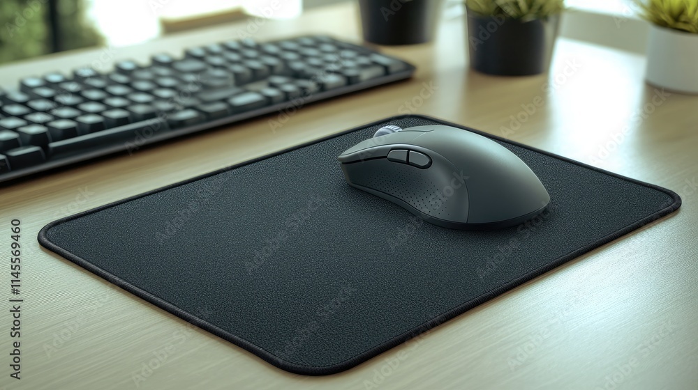 Poster modern workspace setup featuring a black computer mouse on a dark mouse pad alongside a keyboard and