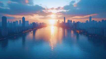 Naklejka premium City skyline transforms as sunset illuminates solar energy integration across urban landscape