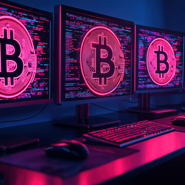 Scammer crime online concept. Cybercrime syndicate operating from a hidden digital vault, neon-lit monitors displaying hacked bank accounts and glowing cryptocurrency streams