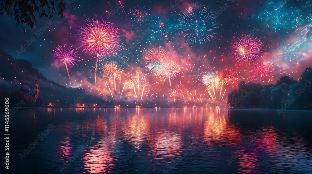 Poster Dramatic fireworks display reflecting on a serene river creating a captivating and ethereal scene with vibrant colors and scattered glowing lights in a