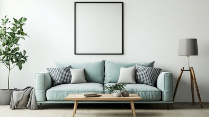 Modern mint couch, wooden console, cube, coffee table, lamp, plant, mock-up poster frame, cushions, plaid, decoration, and sophisticated home decor items are all part of this chic living room interior