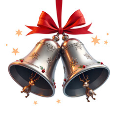 Elegant silver bells with reindeer and ribbon for a cheerful holiday celebration, digital illustration of seasonal decorations concept.