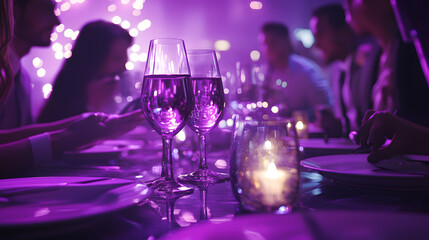 Two wine glasses filled with purple liquid sit on a table at a dimly lit event.  Blurred figures of people enjoying the evening surround the glasses.