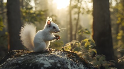 Albino Squirrel Eating Nut In Forest Sunlight