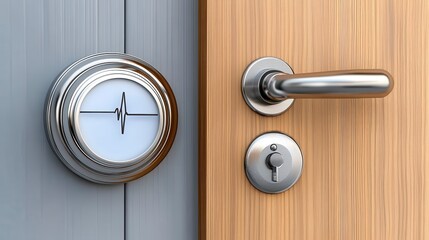 Obraz premium A modern door with a sleek handle and a round, decorative doorbell with a pulse graphic, set against a wooden panel.