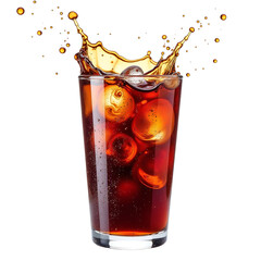 Glossy cola splash with droplets and fizz isolated on transparent background, vibrant