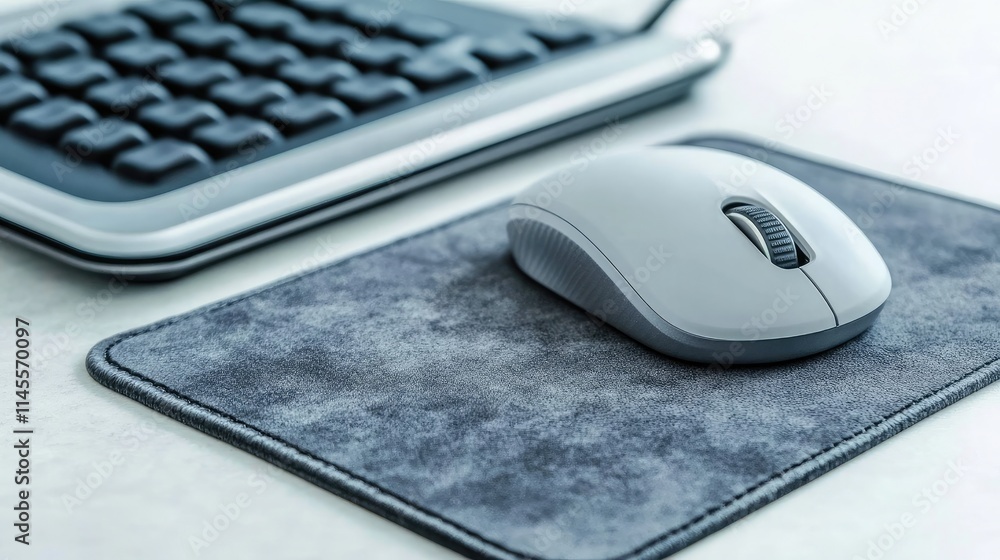 Poster modern computer mouse and keyboard on soft mouse pad in minimalist workspace setting for tech and of