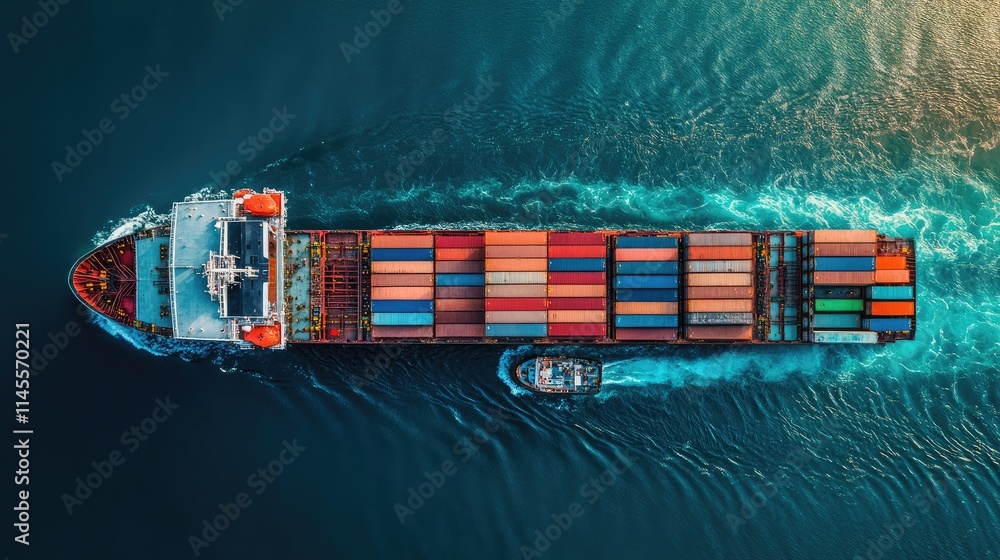 Poster aerial view of a large container ship with colorful cargo and a tugboat navigating through calm wate