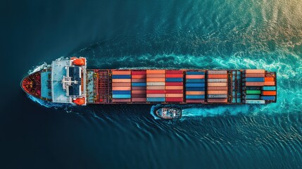 Aerial View of a Large Container Ship with Colorful Cargo and a Tugboat Navigating Through Calm Water Near the Shore at Sunset