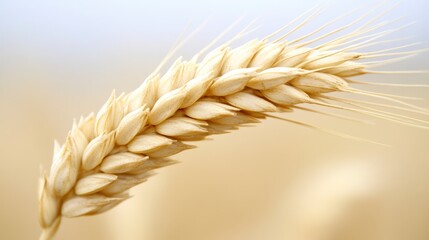 A close-up of a golden wheat ear, symbolizing agriculture, harvest, and the essence of grain production in a serene, blurred background.