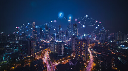 Smart digital city with connection cyber security network reciprocity over the cityscape . future smart wireless digital city and social media networking systems that connects people within the city