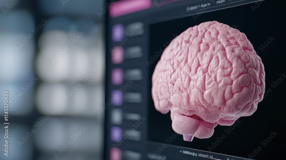Poster a detailed digital representation of a pink human brain displayed on a screen, highlighting its stru