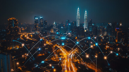 Smart digital city with connection cyber security network reciprocity over the cityscape . future smart wireless digital city and social media networking systems that connects people within the city