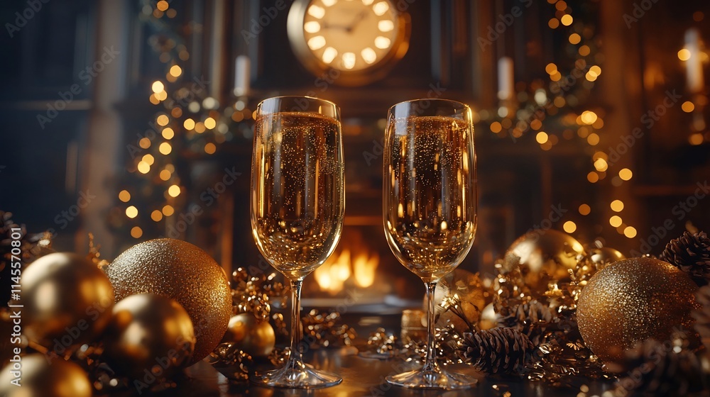 Aufkleber elegant new year s setup featuring champagne glasses shimmering golden a glowing countdown clock in 