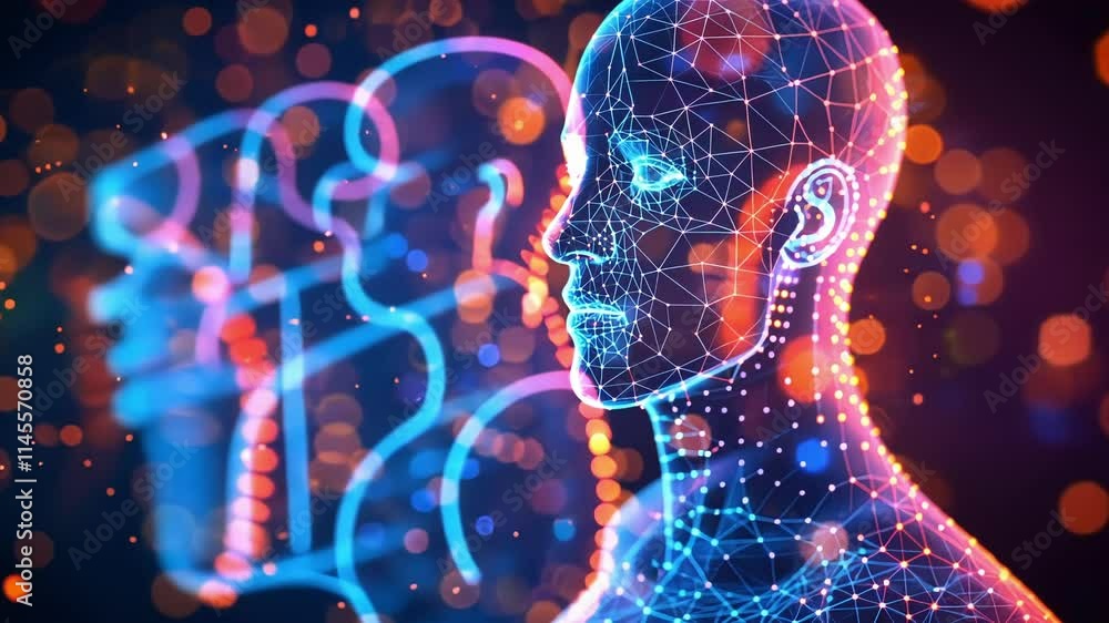 Poster glowing polygonal human faces are forming, representing artificial intelligence communicating in cyb