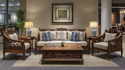 Elegant Living Room with Intricate Wooden Furniture and Cozy Décor Showcasing a Harmonious Blend of Comfort and Style in Modern Interior Design