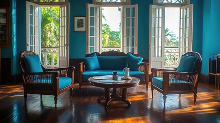 Fototapeta premium Bright and Cozy Living Room with Tropical Décor and Natural Light Streaming Through Open Windows