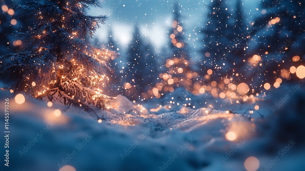 Aufkleber enchanting winter new year landscape with soft white bokeh flashing cold blue lights and snow covere
