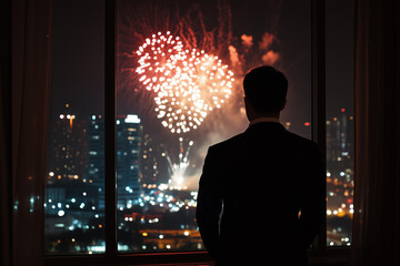 Businessman look out the window and watching the fireworks. New year.