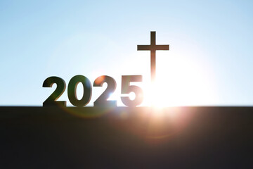 Bright rising sun and new year 2025 sunrise and shining holy cross of jesus christ with church...