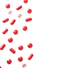Scattered red pills on white background, minimal medicine banner design, healthcare and vitamin supplement concept, clean pharmaceutical product layout for advertising and packaging