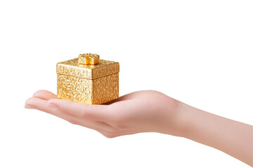 Hand holding gold gift box icon in minimalist style