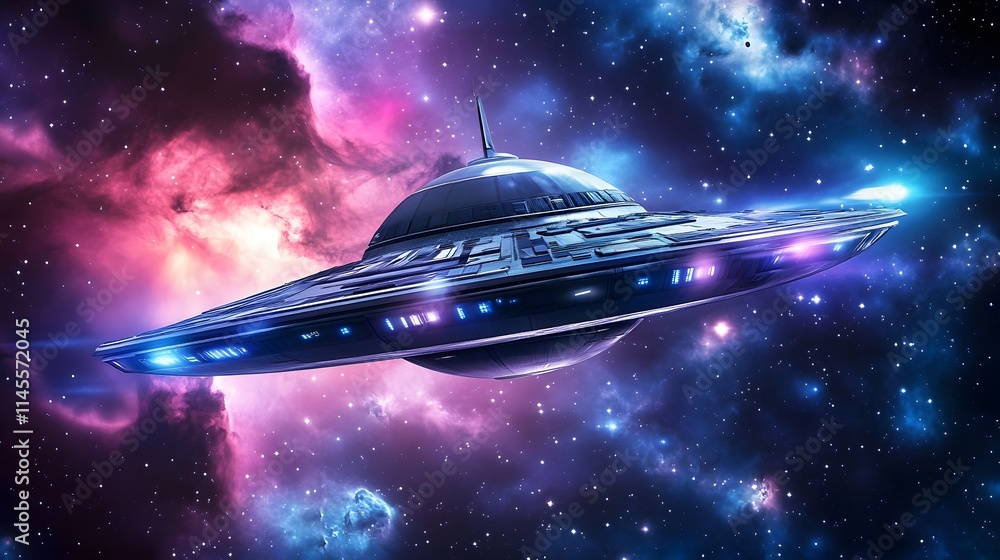 Poster alien spaceship exploring vibrant nebulae outer space digital art cosmic environment futuristic view