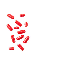 Red pills on white background banner for advertising vitamins and medicines, minimal style