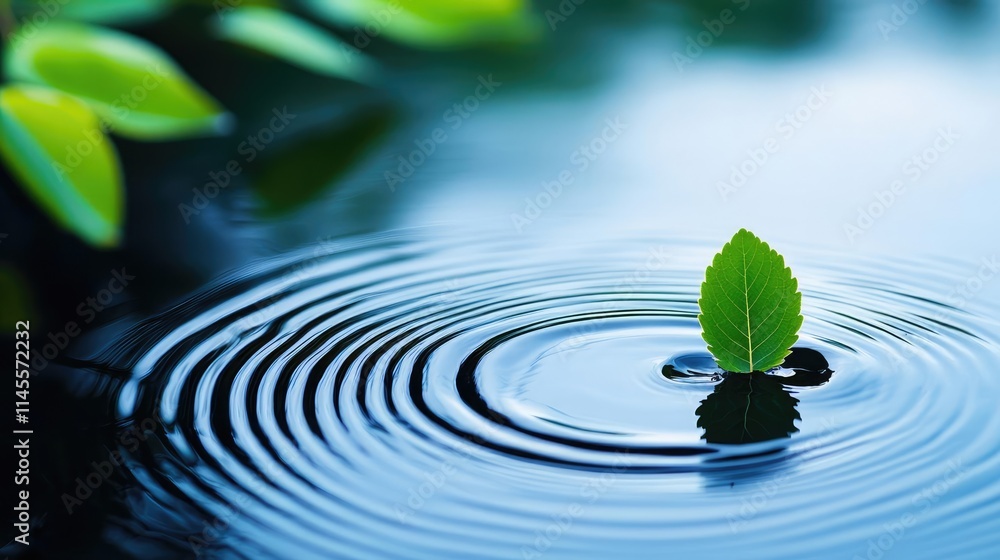 Poster macro natural concept. a serene image of a single leaf floating on water, creating ripples in a tran