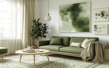 Modern living room with green sofa, wooden coffee table, plants, and artwork.