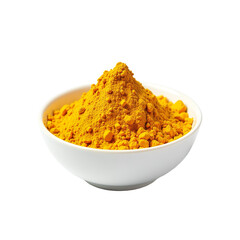 Minimal shot of turmeric powder in a ceramic bowl on white background, bright colors