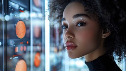 Futuristic beauty shopping experience featuring skin analyzers and AR powered virtual makeup try ons in a environment