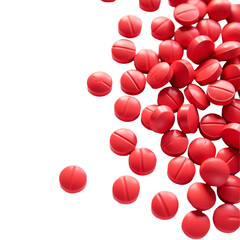 Vibrant red pills on white background flat lay, pharmaceutical supplement banner template for...