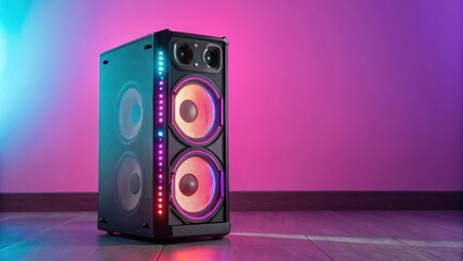 A vibrant speaker with colorful LED lights, set against a soft gradient background, emphasizing its...