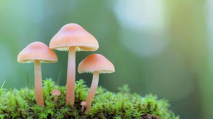 Macro natural concept. Three delicate pink mushrooms growing on a moss-covered ground in nature.