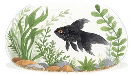 A black goldfish swims gracefully in an aquarium surrounded by green plants and smooth stones, creating a serene underwater scene.