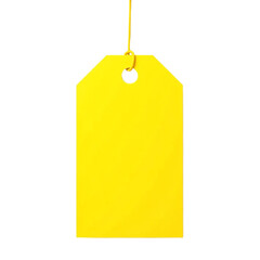 Yellow price tag with string cut out, isolated on transparent background