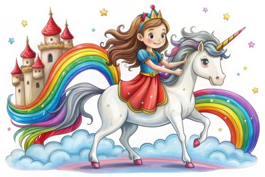 A whimsical scene featuring a girl in a colorful dress riding a unicorn, with rainbows, clouds, and castles in a vibrant fantasy landscape.