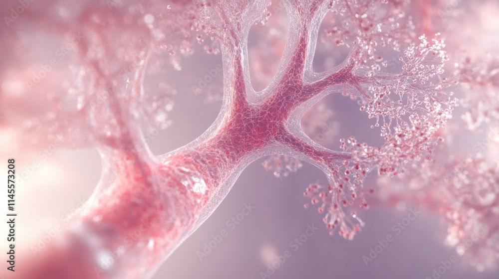 Poster microscopic view of a neuron network intricate branching structure pink hues detailed cellular anato