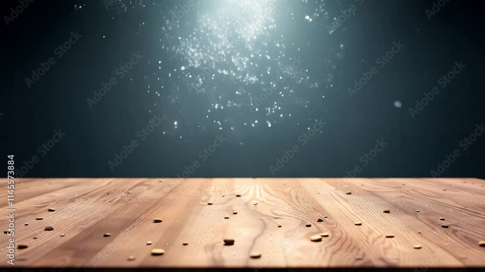 Poster tilting video reveals a wooden table with floating particles against a shadowed background, creating
