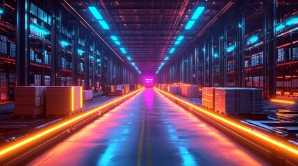 Futuristic dropshipping fulfillment process with holographic product checks glowing warehouse systems and automated tracking tools