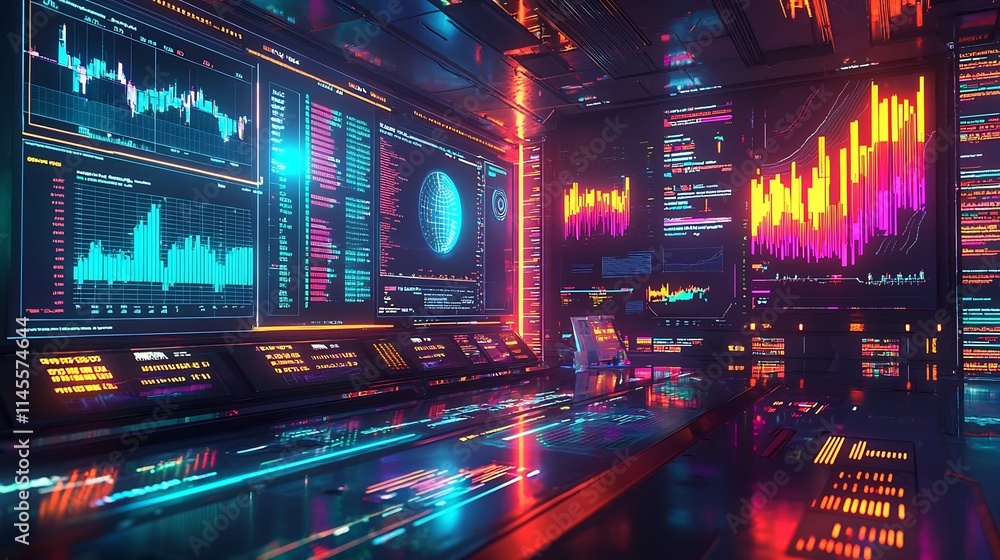 Aufkleber futuristic financial hub with glowing holographic trading screens ai advisors in robotic forms and c