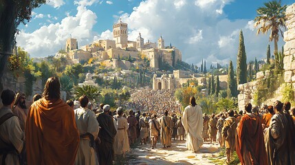 Obraz premium Jesus and his followers approach a city on a hill