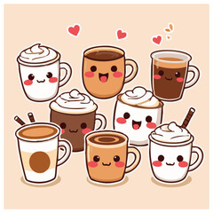 A group of ute lovely adorable coffee cups cartoon illustration 