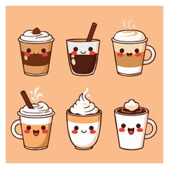 A group of ute lovely adorable coffee cups cartoon illustration 