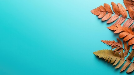 Micro foliage concept. Colorful fern leaves on a vibrant blue background creating a fresh and natural feeling.