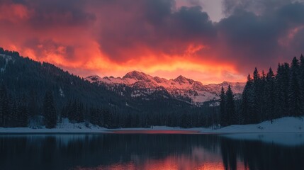 Fototapeta premium Stunning Snow-Covered Mountain Range Under Fiery Sunset Skies