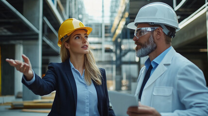 Professional conversation between a female architect and a male engineer at a construction site discussing project details and safety protocols during daylight.