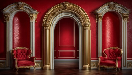 Fototapeta premium Elegant Red Room With Gold Accents And Royal Chairs