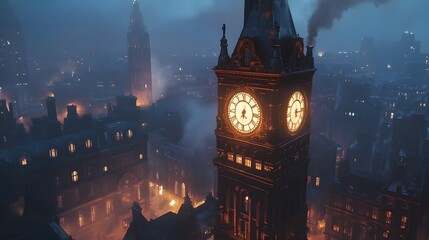 Mysterious nightscape featuring iconic clock tower london urban photography atmospheric setting aerial view historic charm